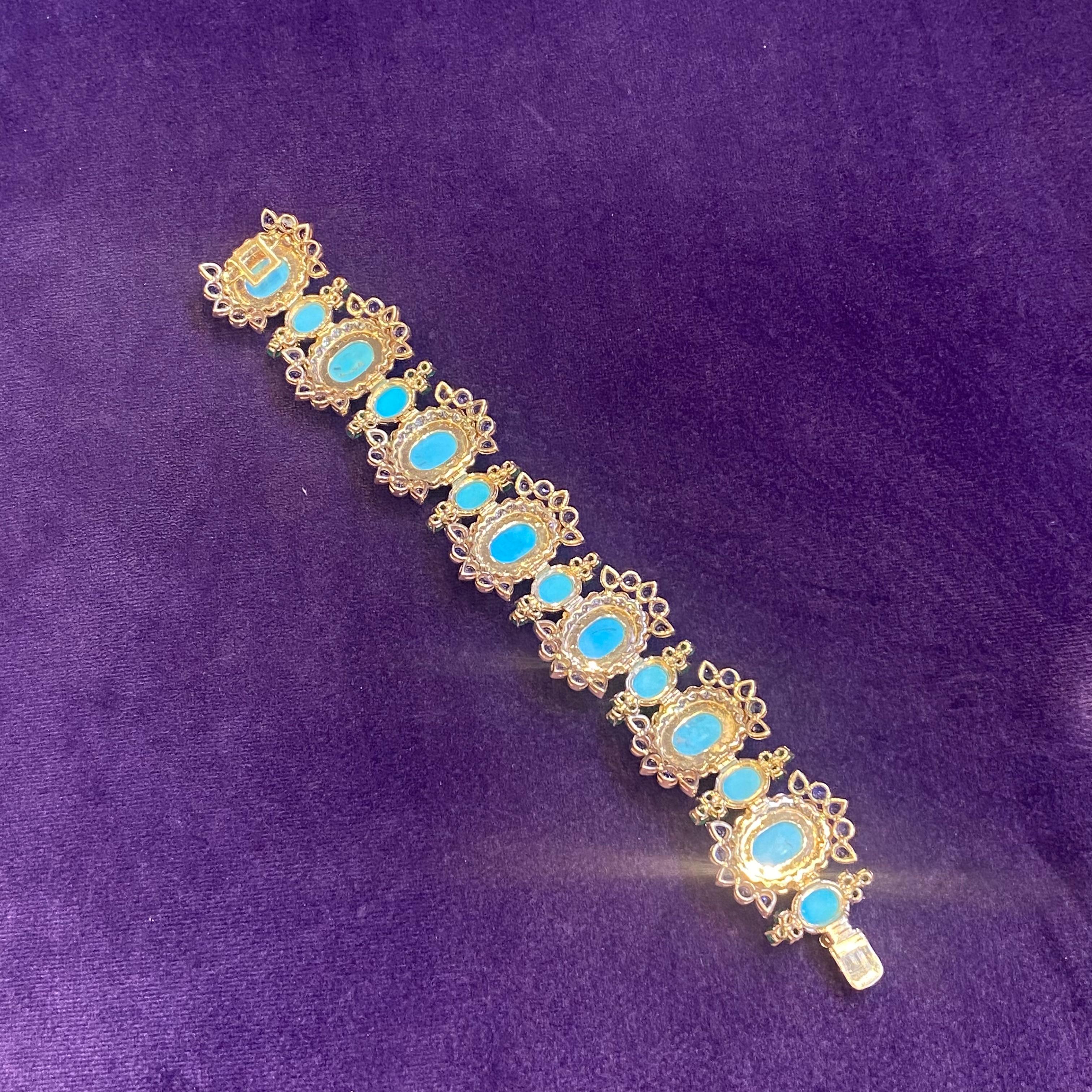 Turquoise Sapphire Emerald & Diamond Bracelet In Excellent Condition For Sale In New York, NY