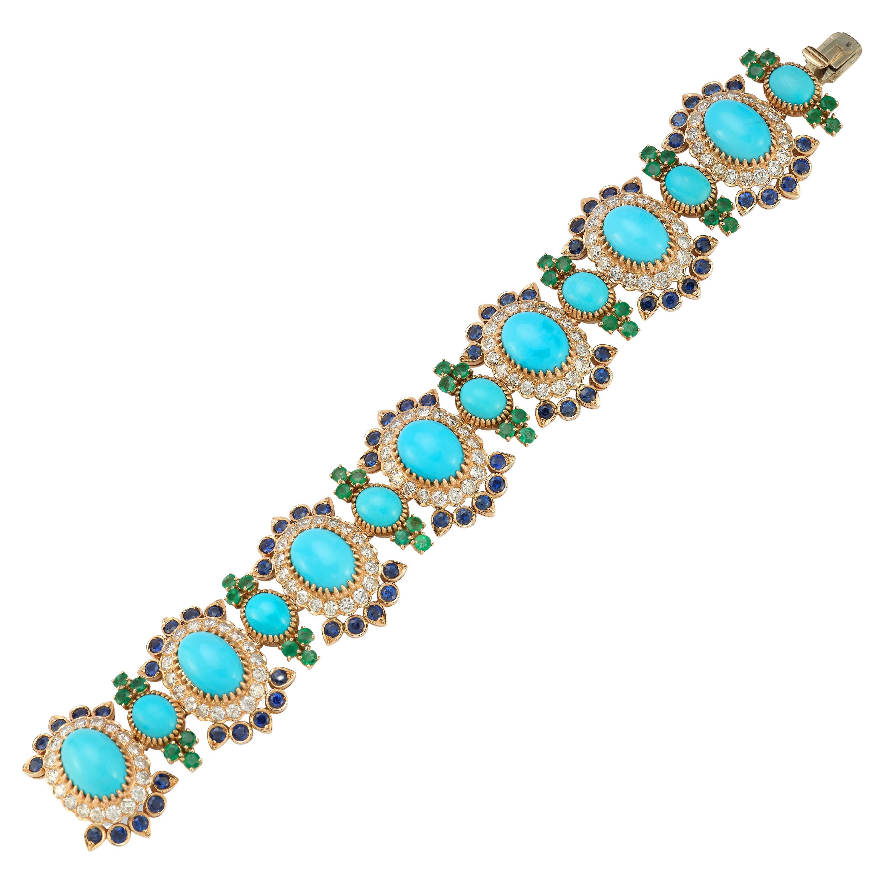Turquoise Sapphire Emerald & Diamond Bracelet For Sale