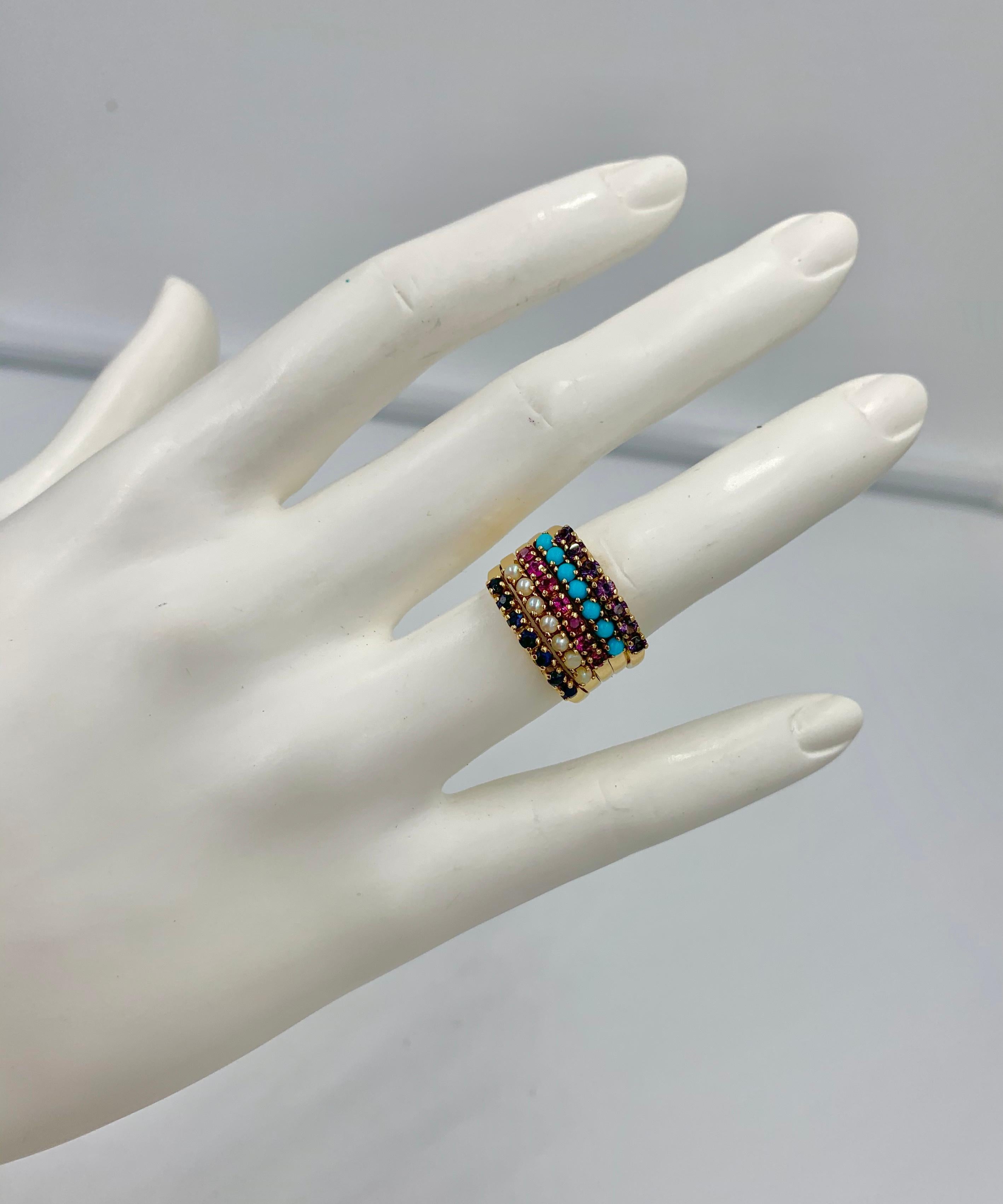 Türkis Saphir Rubin Amethyst Perle Harem Ring 5 Stapel Ringe 14 Karat Gold (Retro)