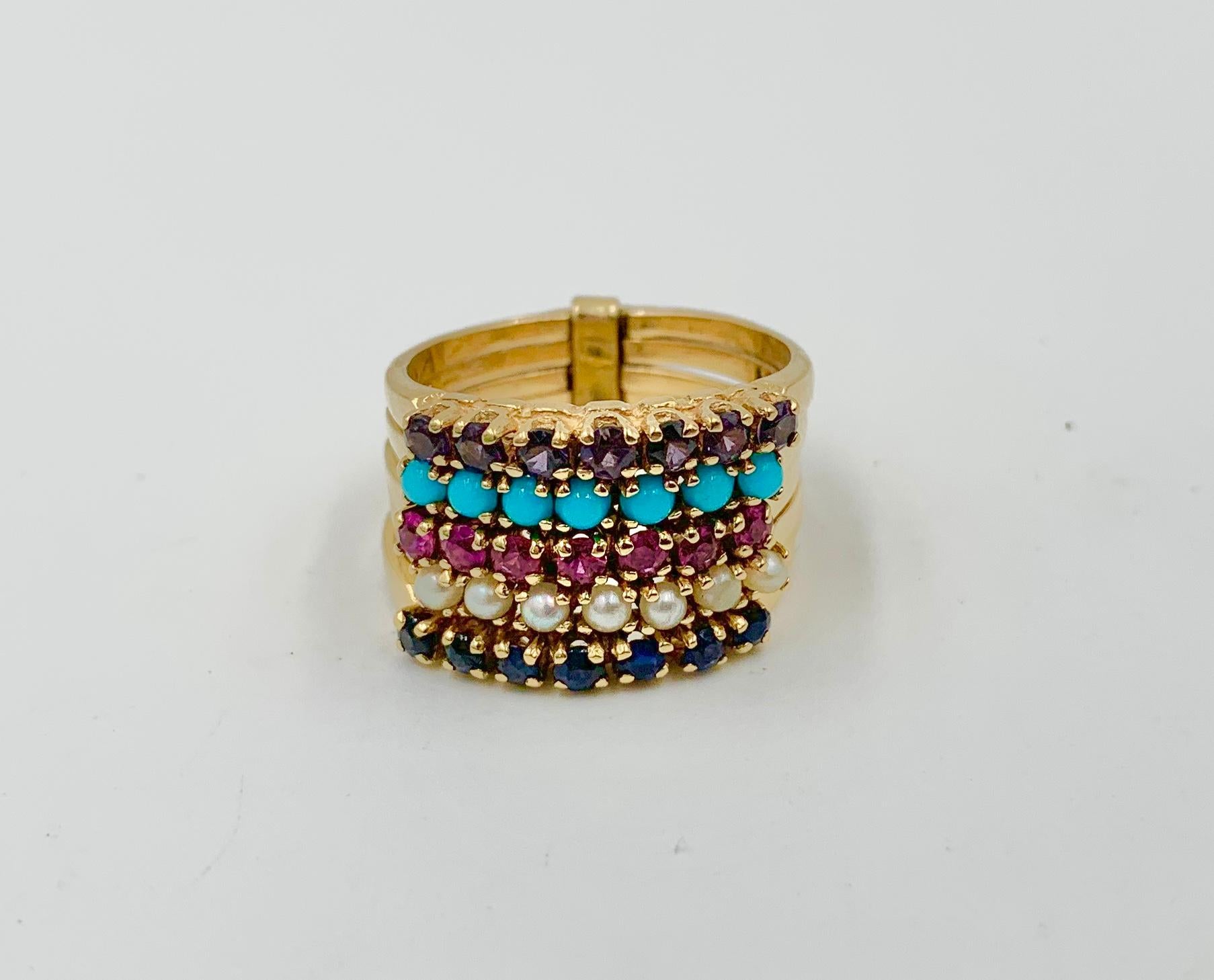 Türkis Saphir Rubin Amethyst Perle Harem Ring 5 Stapel Ringe 14 Karat Gold (Rundschliff)