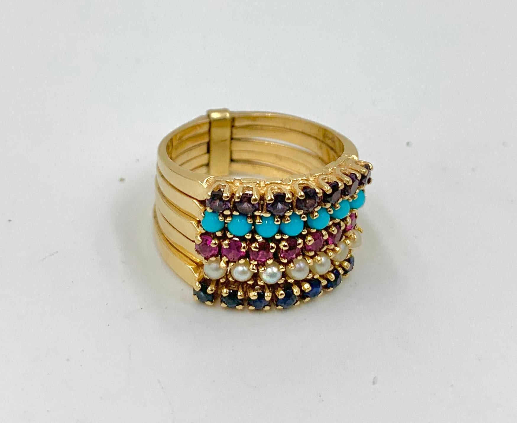 Türkis Saphir Rubin Amethyst Perle Harem Ring 5 Stapel Ringe 14 Karat Gold im Zustand „Gut“ in New York, NY