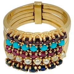 Vintage Turquoise Sapphire Ruby Amethyst Pearl Harem Ring 5 Stack Rings 14 Karat Gold