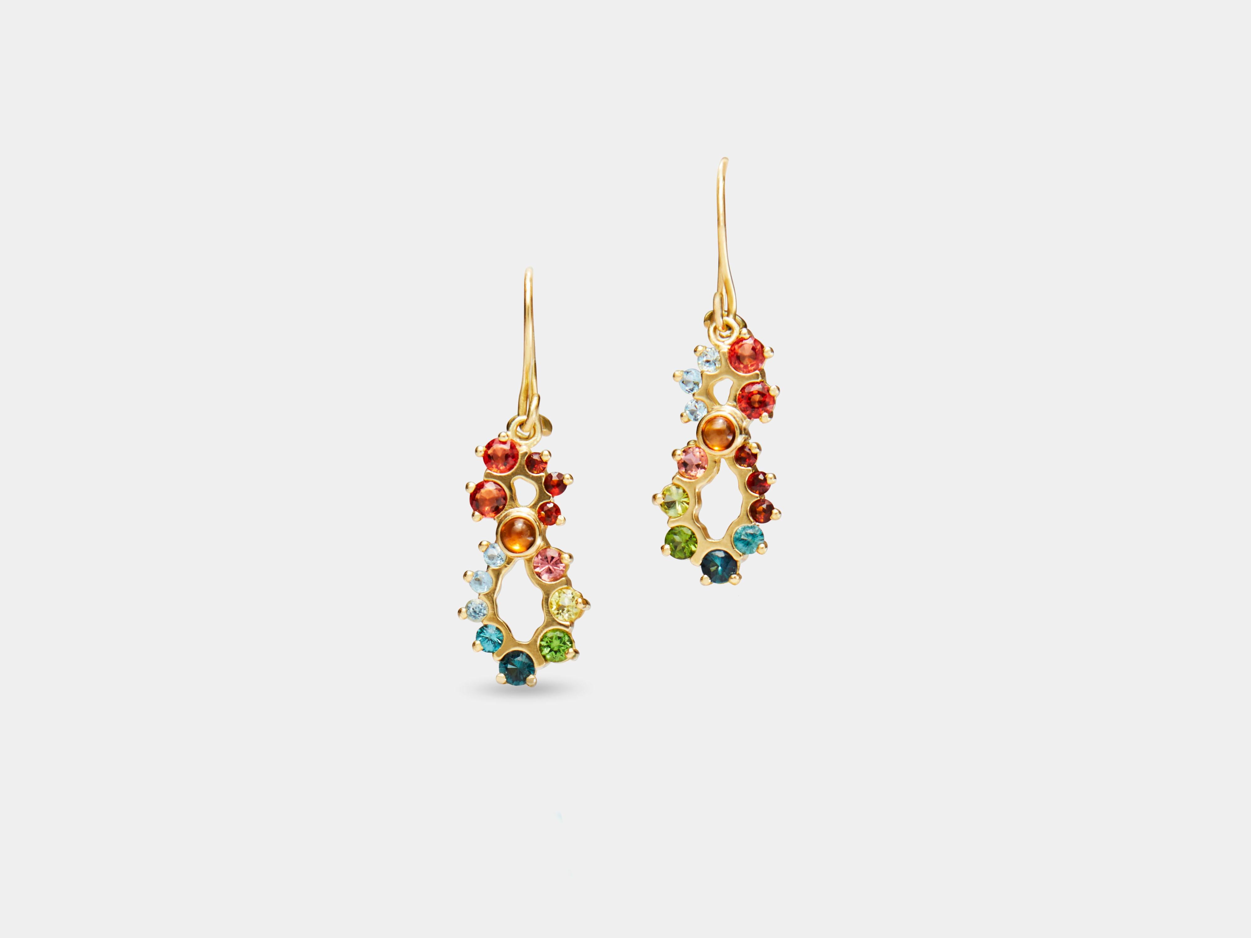 Oz Day to Night Earrings from modern fine jewelry house, Baker & Black. One of a kind convertible earrings featuring a technicolor palette. Turquoise drops are removable for versatility. 

• apricot orange sapphire, weighing .26cttw
• aquamarine,
