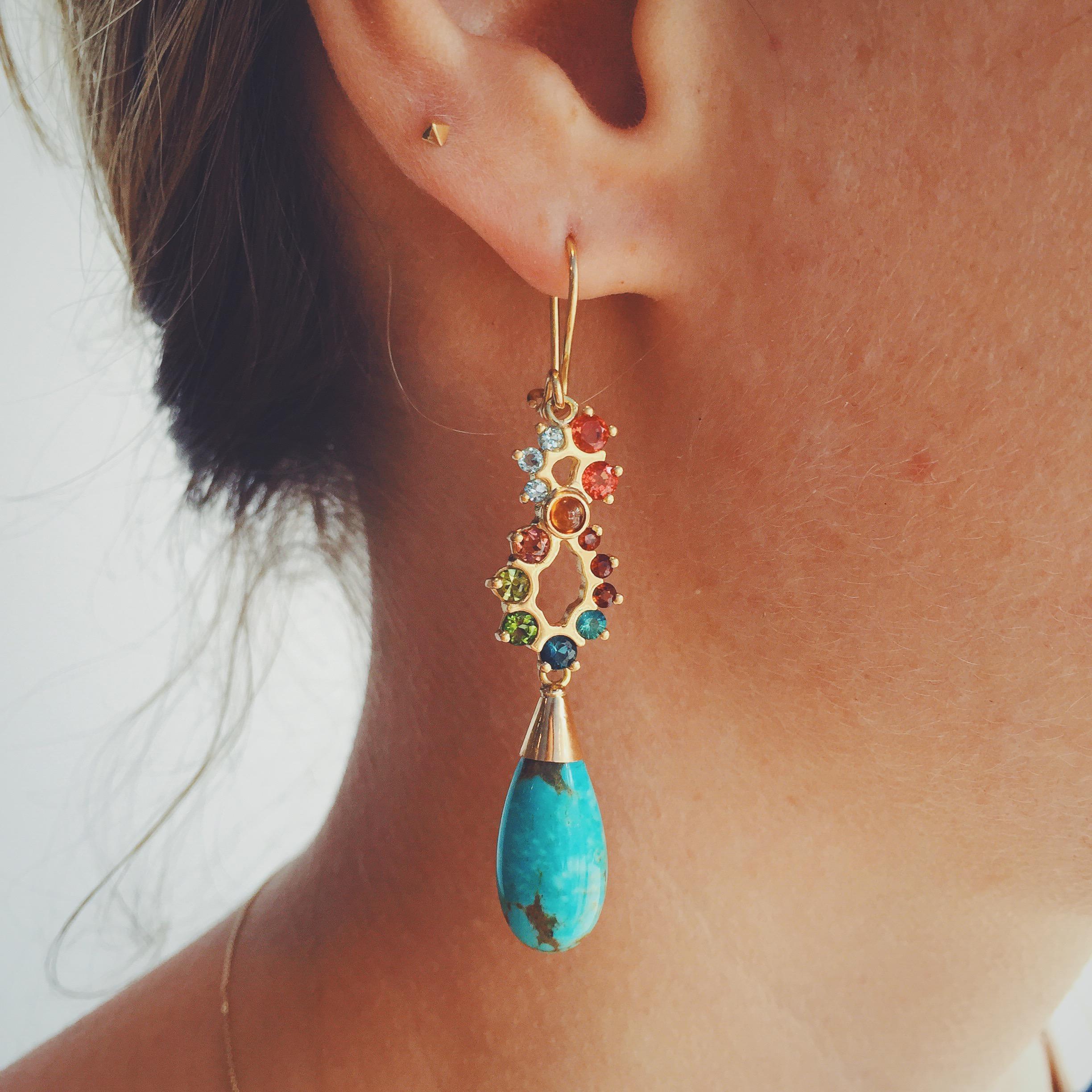 Contemporary Turquoise, Sapphire, Tourmaline, Garnet and Aquamarine Day to Night Earrings For Sale