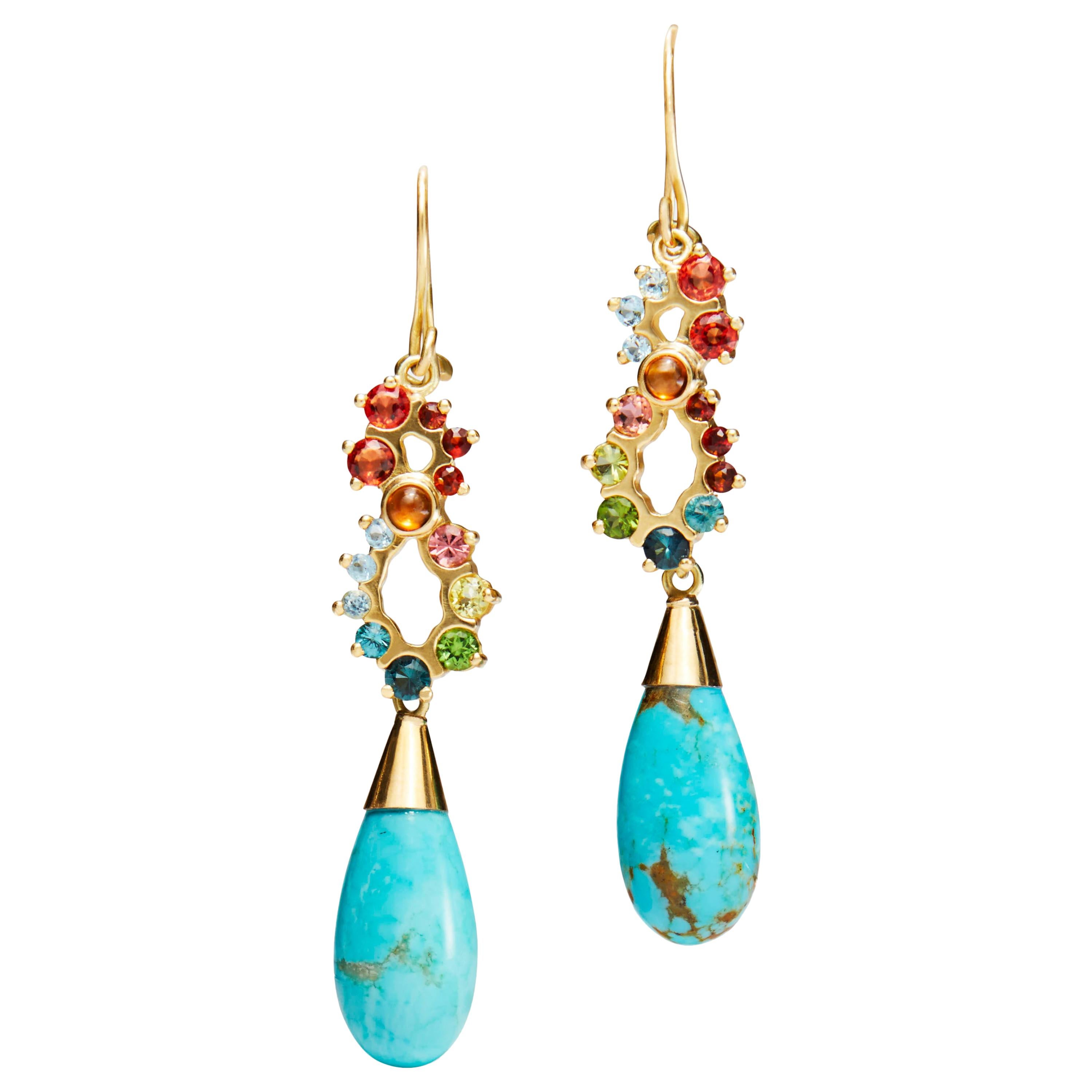 Turquoise, Sapphire, Tourmaline, Garnet and Aquamarine Day to Night Earrings For Sale