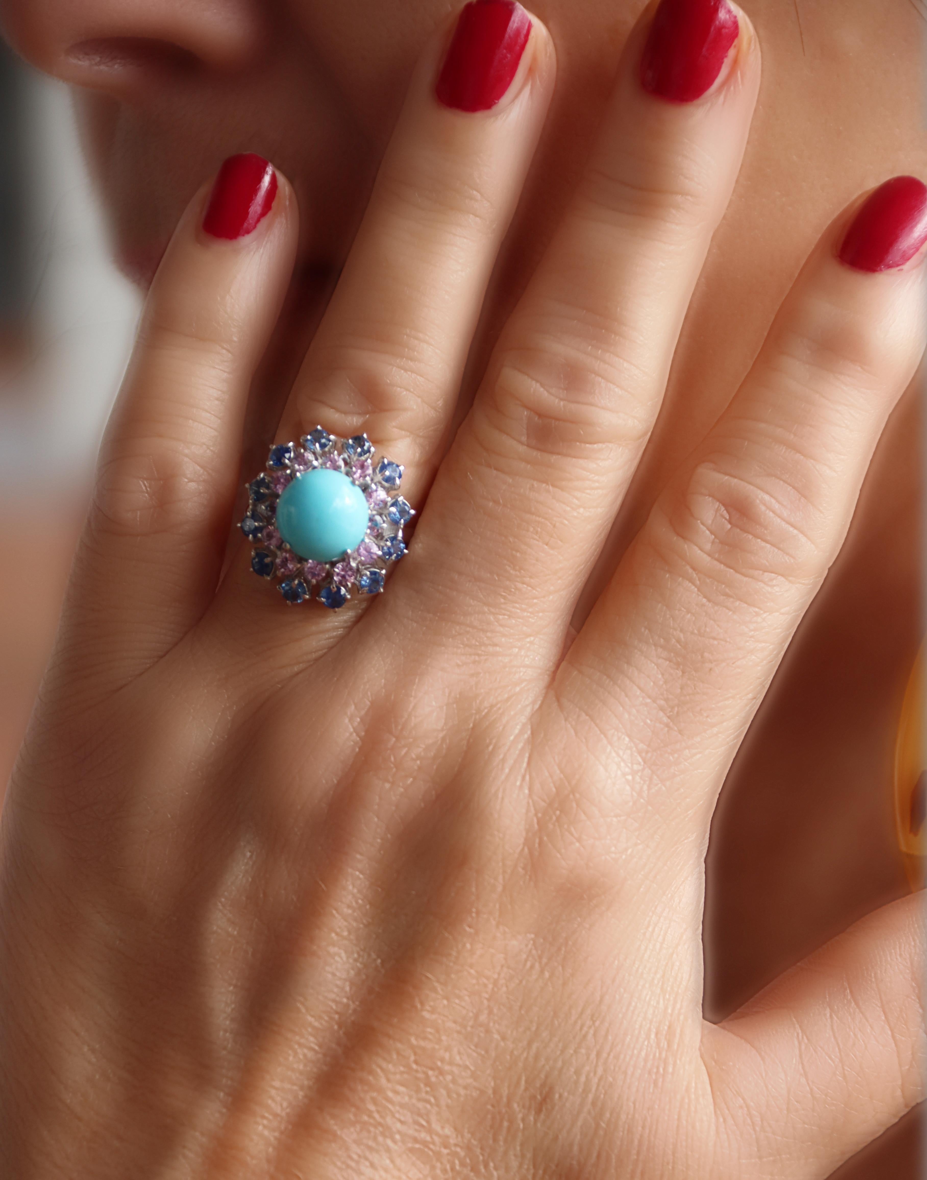 Turquoise Sapphires 18 Karat White Gold Cocktail Ring For Sale 4