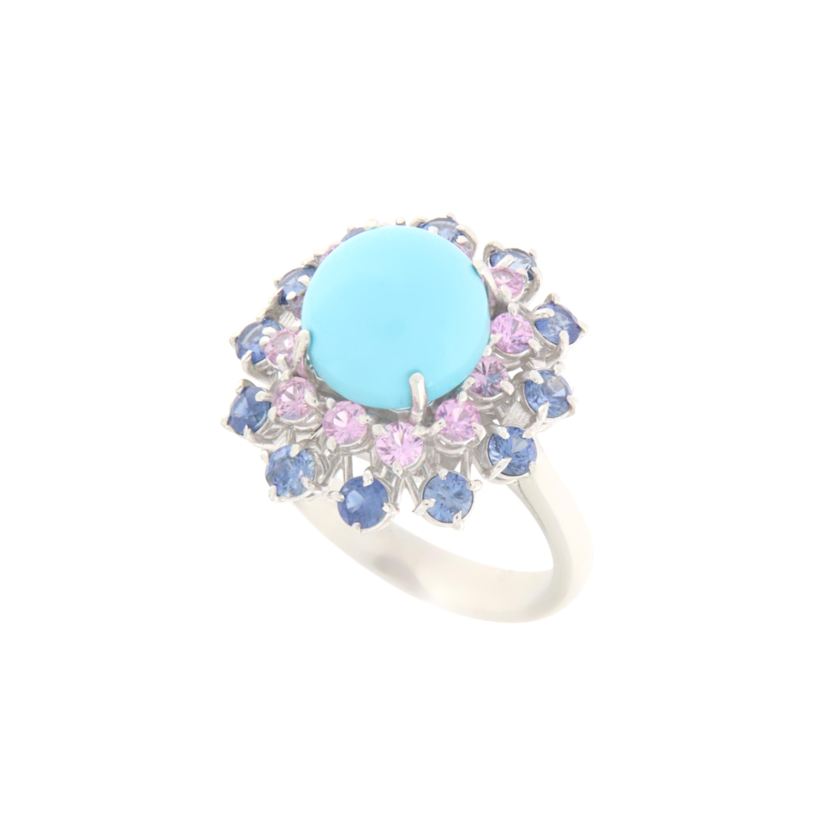 Round Cut Turquoise Sapphires 18 Karat White Gold Cocktail Ring For Sale