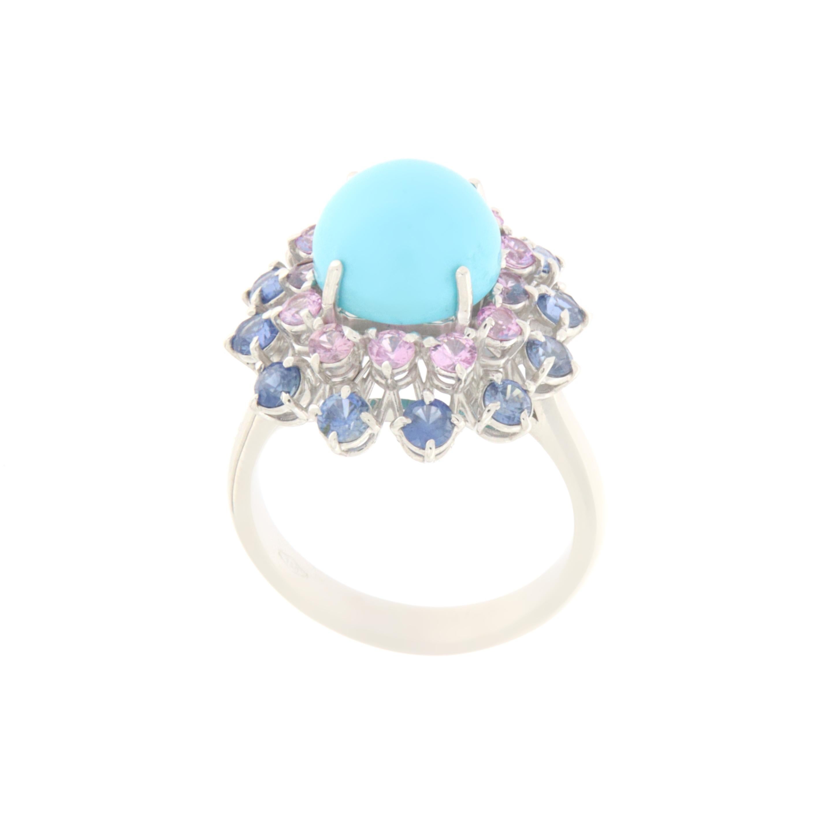 Turquoise Sapphires 18 Karat White Gold Cocktail Ring In New Condition For Sale In Marcianise, IT