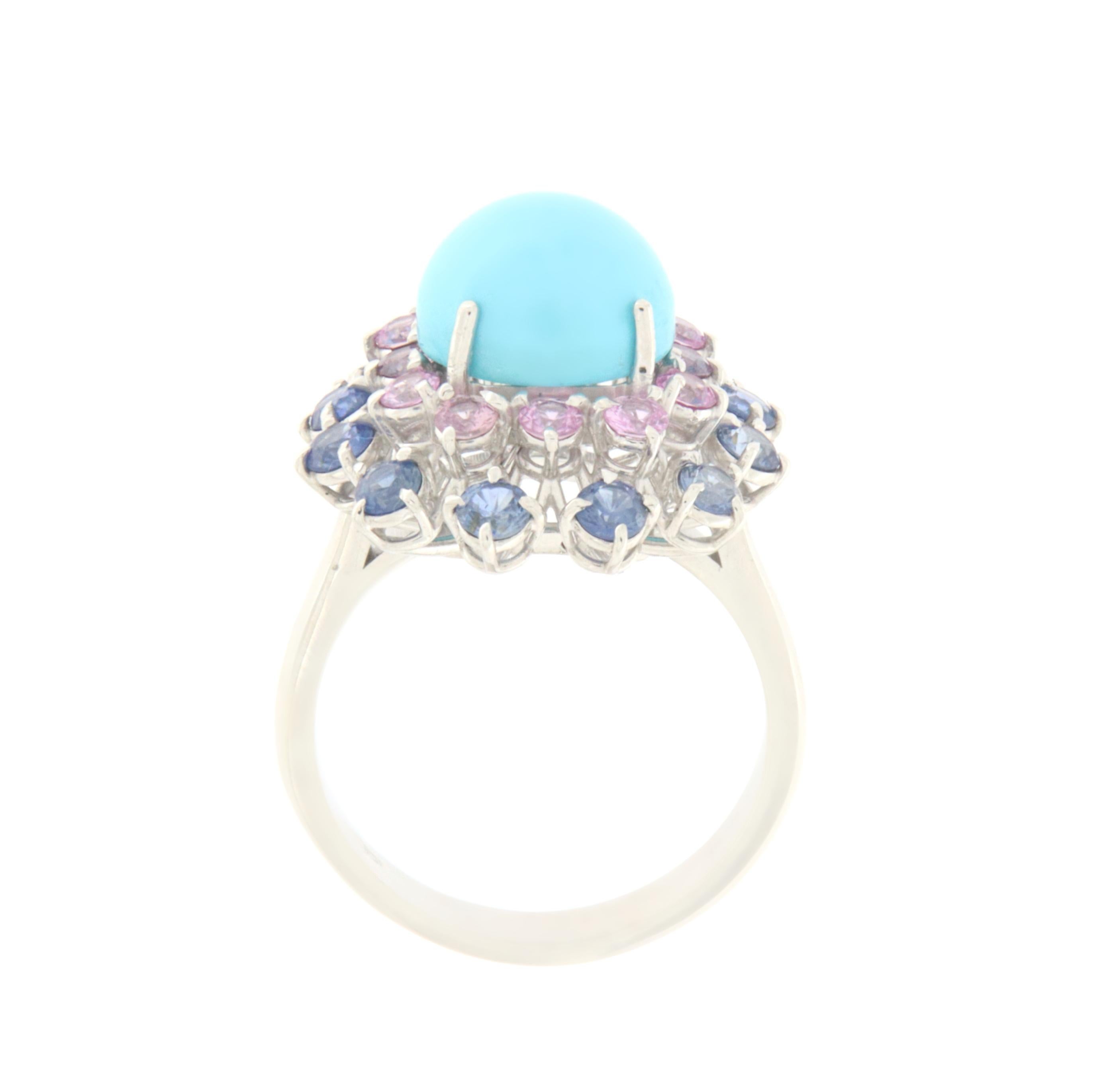Women's Turquoise Sapphires 18 Karat White Gold Cocktail Ring For Sale