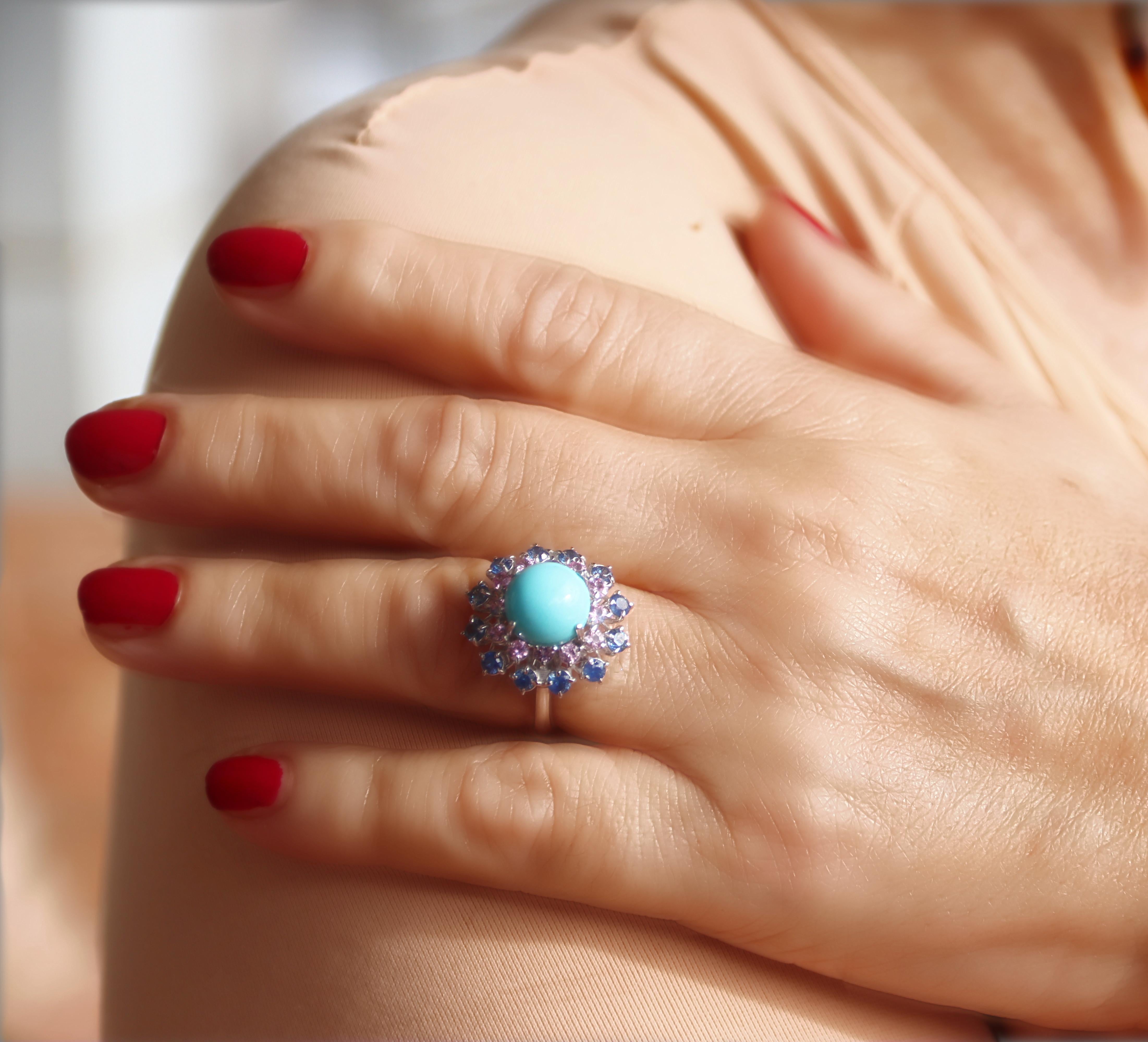 Turquoise Sapphires 18 Karat White Gold Cocktail Ring For Sale 3