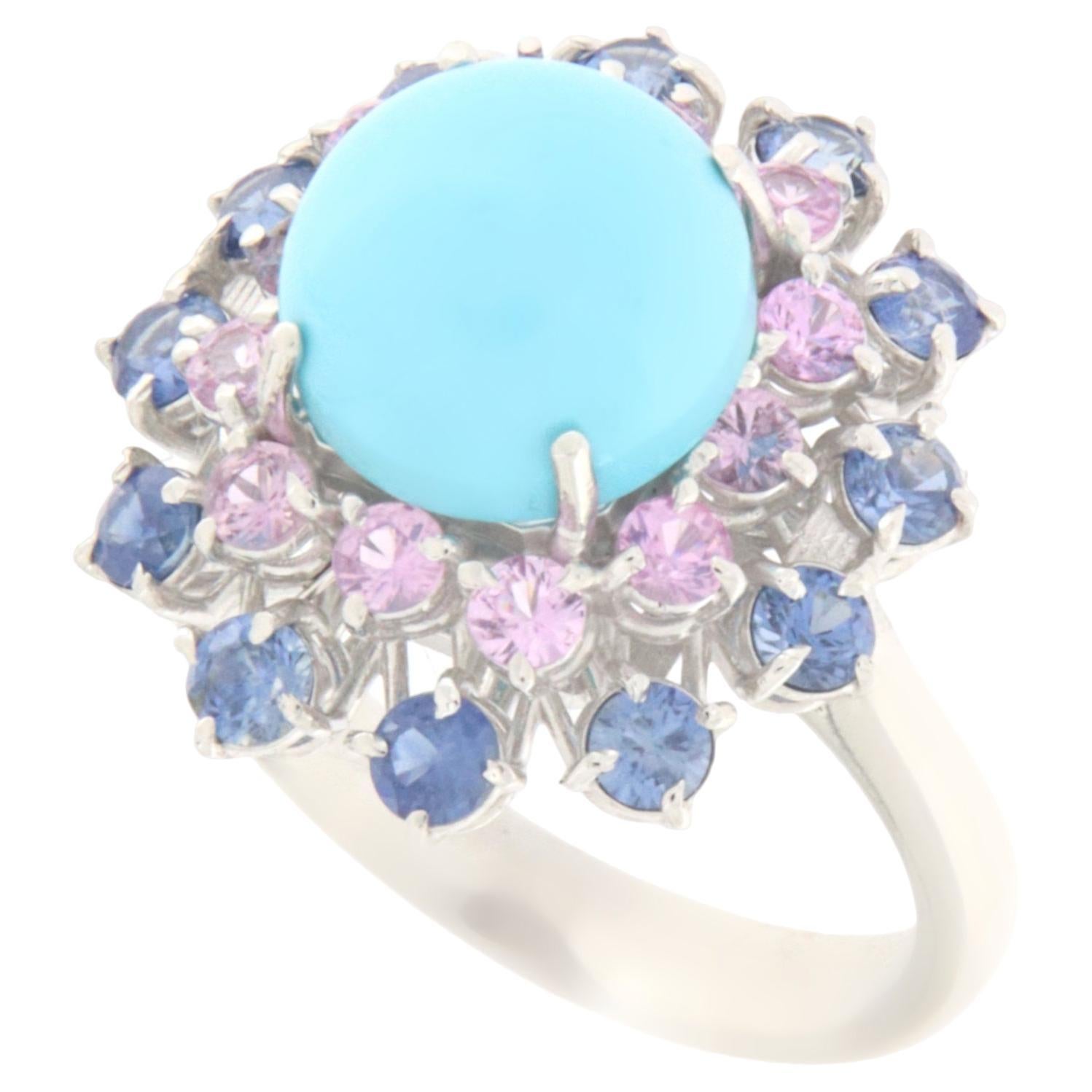 Turquoise Sapphires 18 Karat White Gold Cocktail Ring For Sale