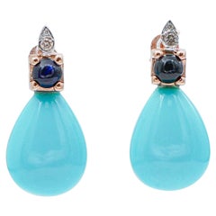 Turquoise, Sapphires, Diamonds, 14 Karat Rose and White Gold Earrings
