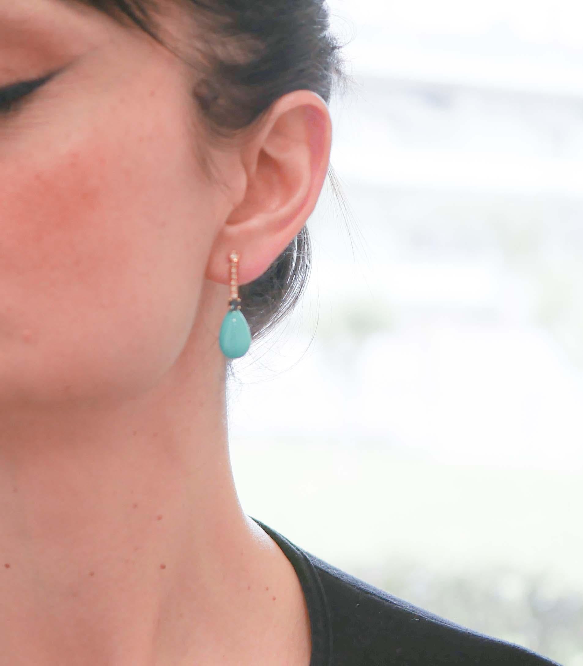 Mixed Cut Turquoise, Sapphires, Diamonds, 14 Karat Rose Gold Earrings