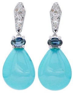 Turquoise, Sapphires, Diamonds, 14 Karat White Gold Dangle Earrings