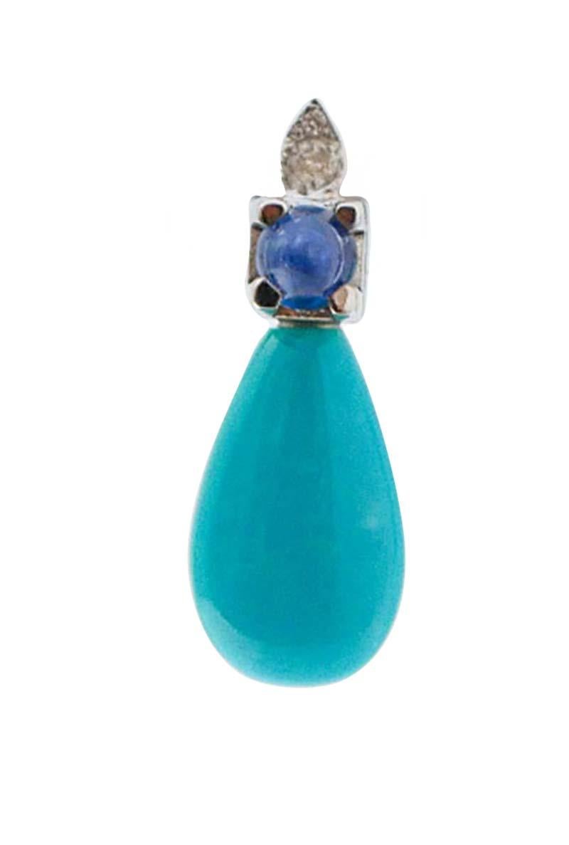 Beautiful earrings in 14 kt white gold structure mounted with a leaf studded with diamonds and, below, a sapphire. As pendant, a drop turquoise.
Diamonds 0.08 ct
Sapphires 0.75 ct
Turquoise 1.20 gr
Total Weight 2.70 gr
RF +ROO

For any information,