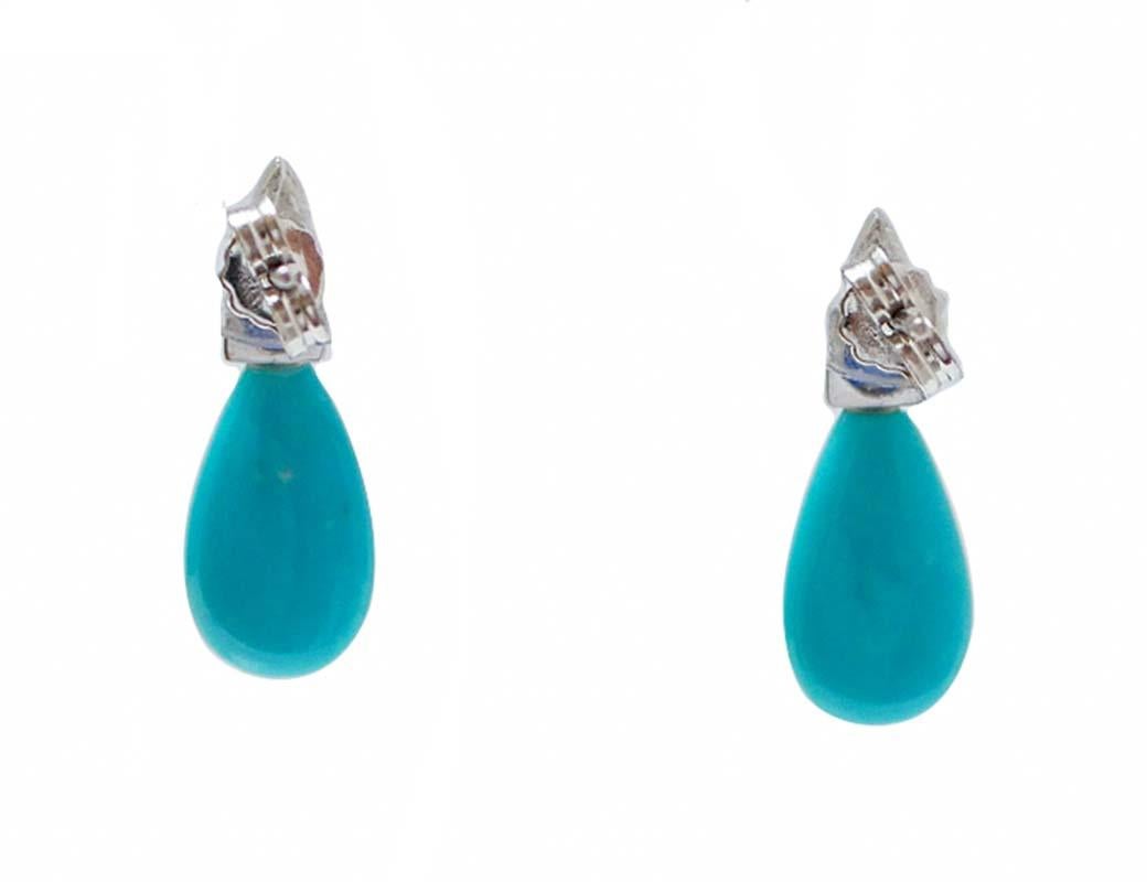Retro Turquoise, Sapphires, Diamonds, 14 Karat White Gold Earrings. For Sale