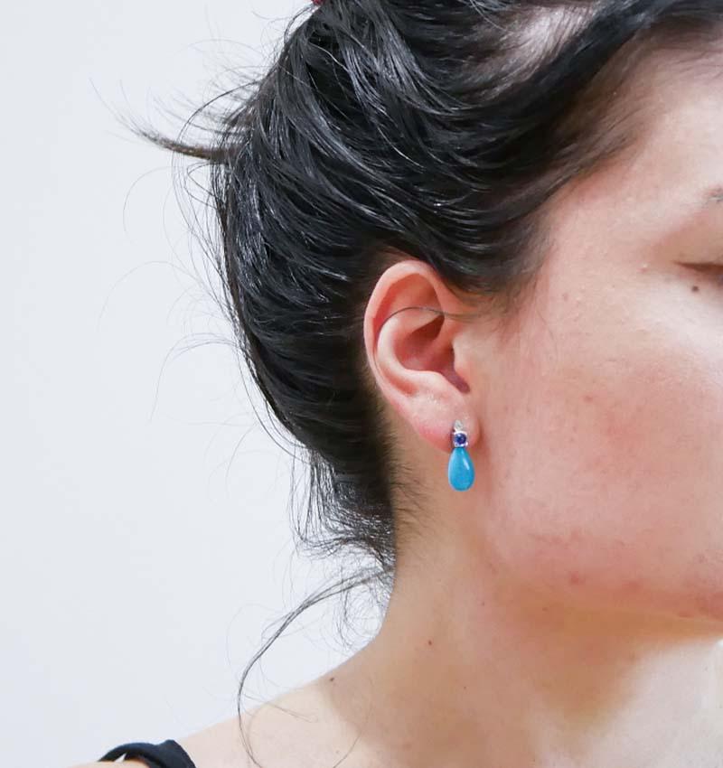 Mixed Cut Turquoise, Sapphires, Diamonds, 14 Karat White Gold Earrings. For Sale