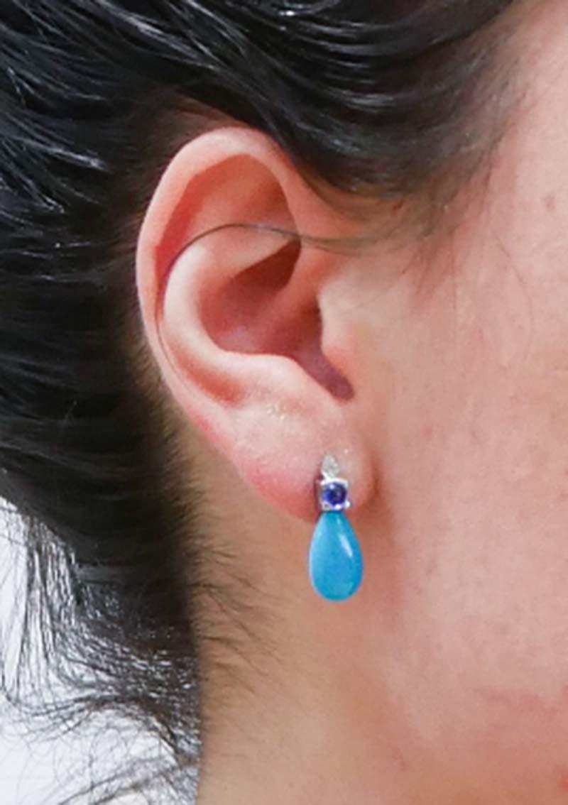 Turquoise, Sapphires, Diamonds, 14 Karat White Gold Earrings. In New Condition For Sale In Marcianise, Marcianise (CE)