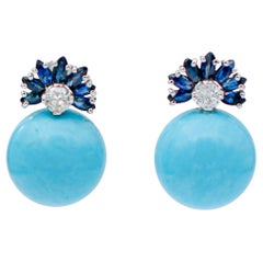 Turquoise, Sapphires, Diamonds, 14 Karat White Gold Earrings