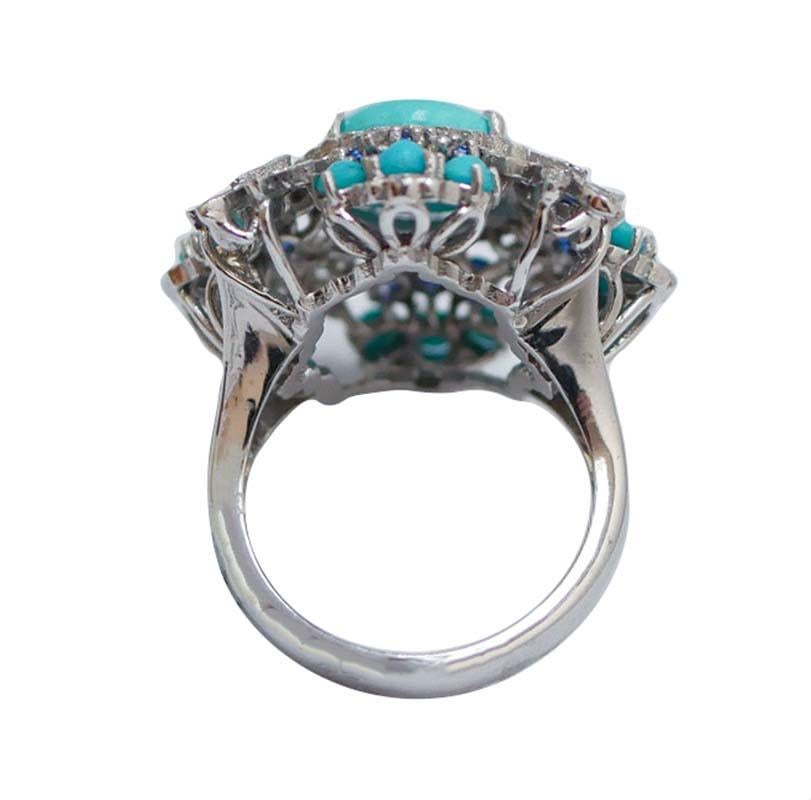 Rétro Turquoise, Sapphires, Diamonds, 14 Karat White Gold Ring. en vente