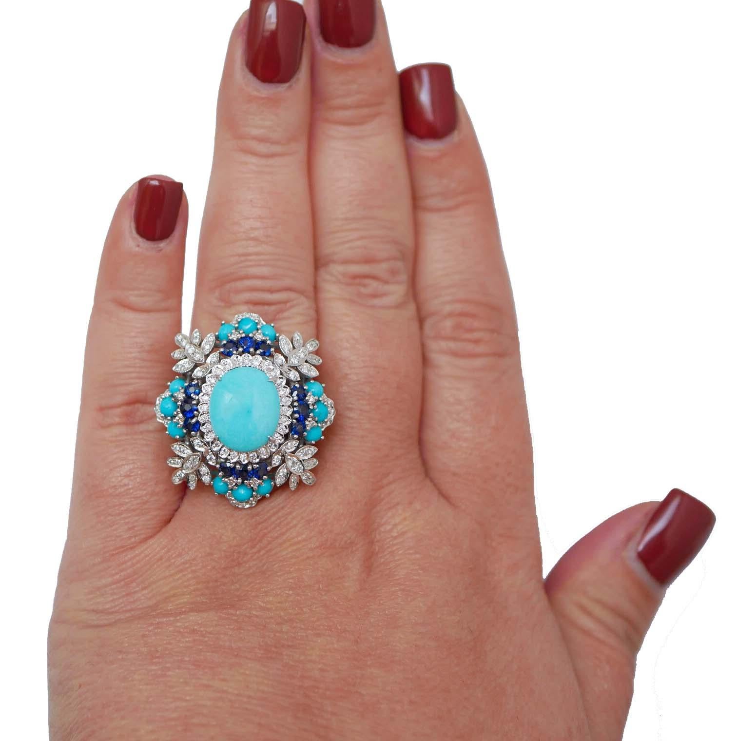 Taille mixte Turquoise, Sapphires, Diamonds, 14 Karat White Gold Ring. en vente