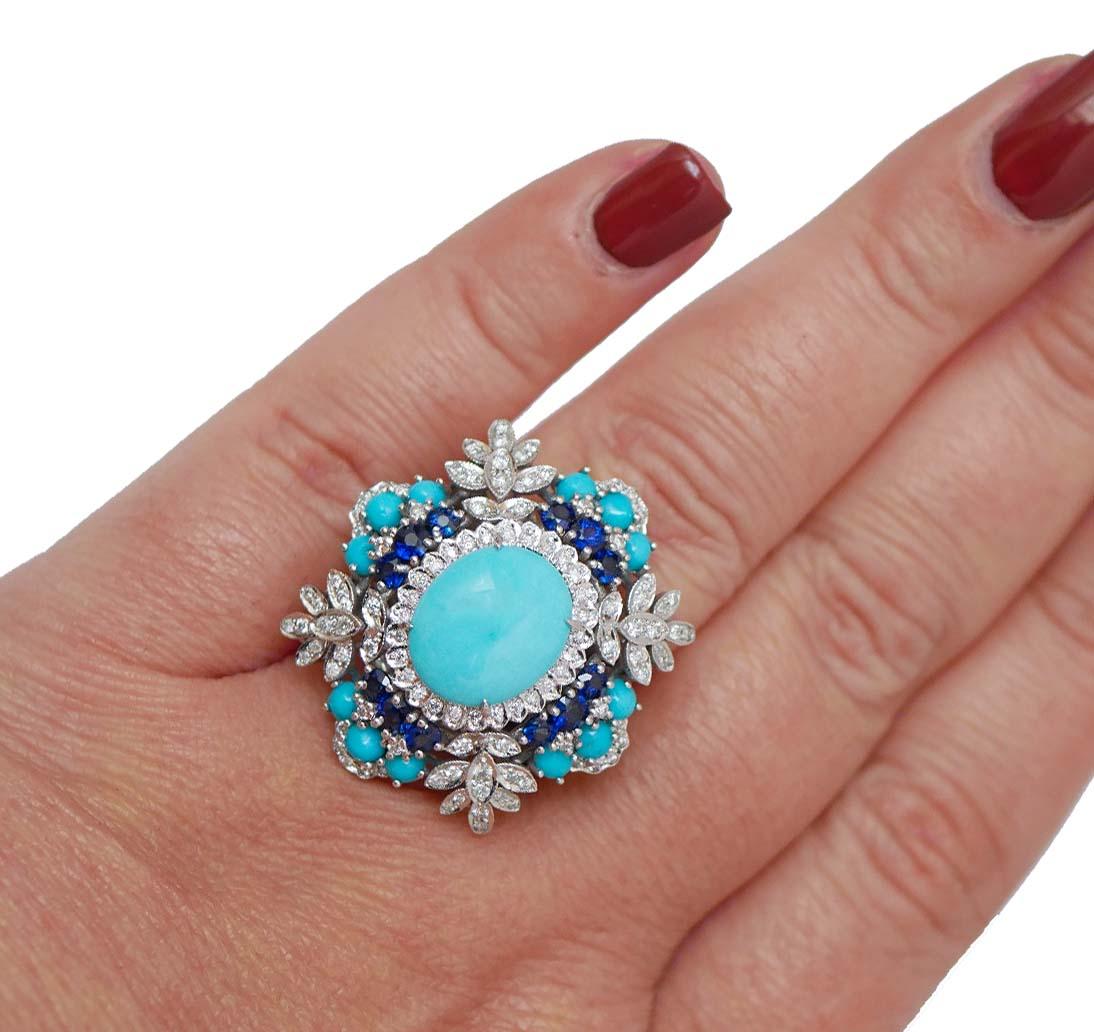 Turquoise, Sapphires, Diamonds, 14 Karat White Gold Ring. Bon état - En vente à Marcianise, Marcianise (CE)