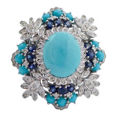 Turquoise, Sapphires, Diamonds, 14 Karat White Gold Ring.