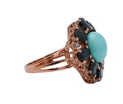 Turquoise, Sapphires, Diamonds, 14 Kt Rose Gold and Silver Ring.