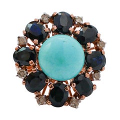 Turquoise, Sapphires, Diamonds, 14 Kt Rose Gold and Silver Ring.