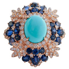 Turquoise, Sapphires, Diamonds, 18 Karat Rose Gold Ring.