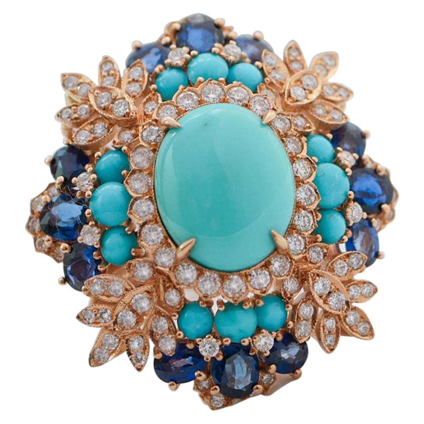 Turquoise, saphirs, diamants, bague en or rose 18 carats.