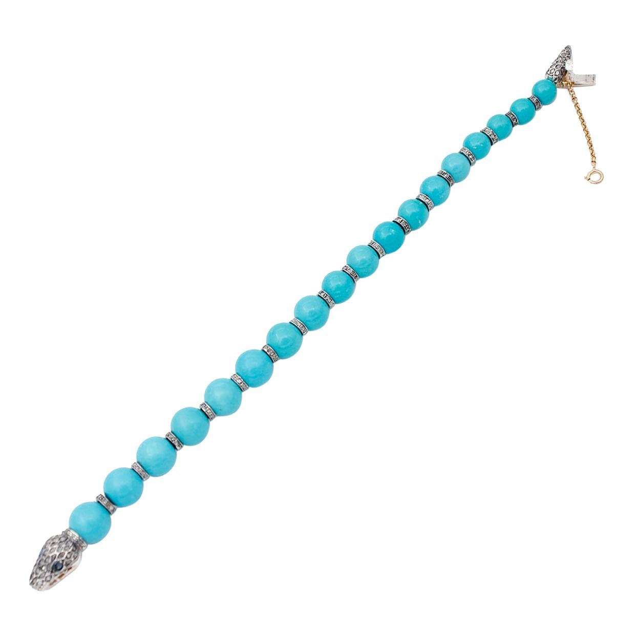 Bracelet serpent en or rose 9 carats, saphirs, diamants et turquoise en vente