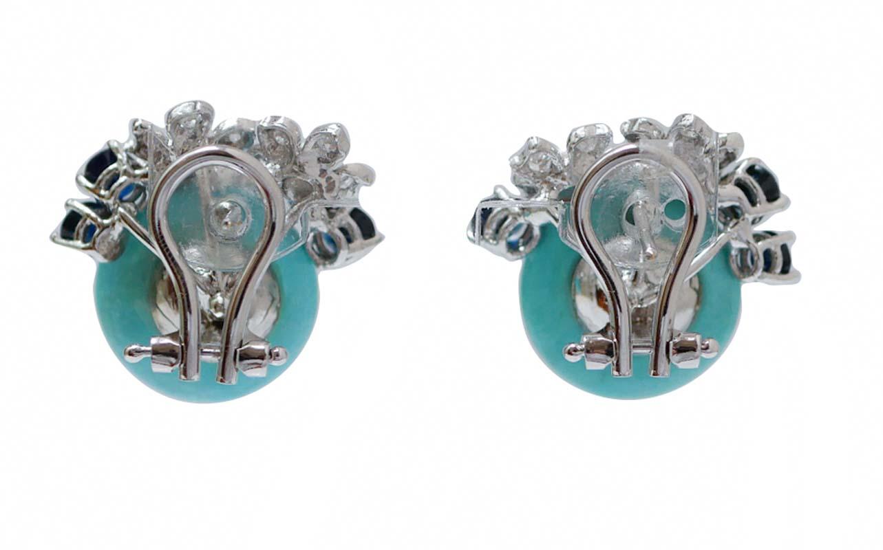 Retro Turquoise, Sapphires, Diamonds, Pearls, 14 Karat White Gold Earrings.