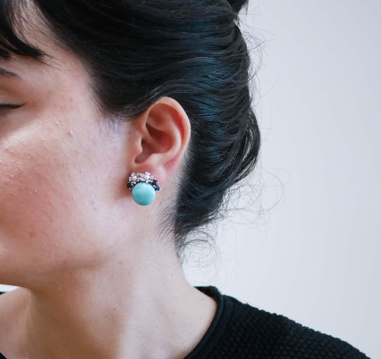 Mixed Cut Turquoise, Sapphires, Diamonds, Pearls, 14 Karat White Gold Earrings.