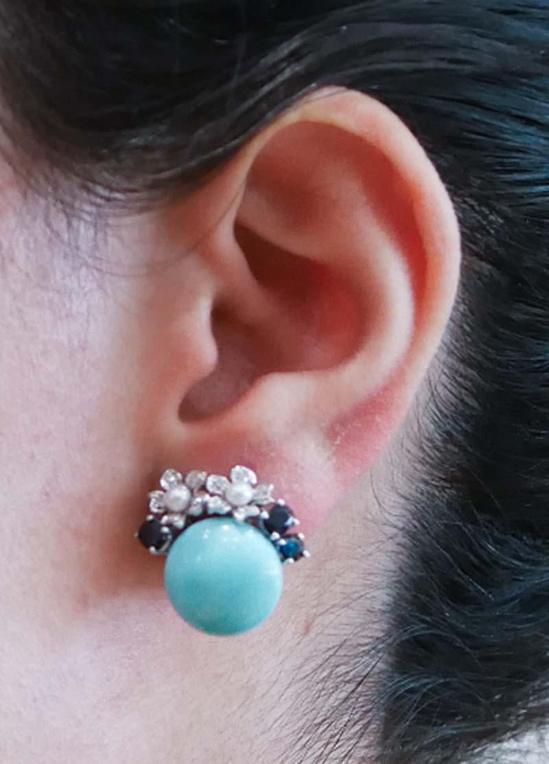 Turquoise, Sapphires, Diamonds, Pearls, 14 Karat White Gold Earrings. In Good Condition In Marcianise, Marcianise (CE)