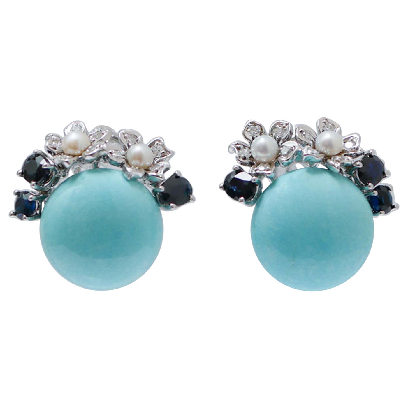 Turquoise, Sapphires, Diamonds, Pearls, 14 Karat White Gold Earrings. For Sale