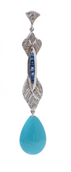 Turquoise, Sapphires, Diamonds, Platinum Dangle Earrings.