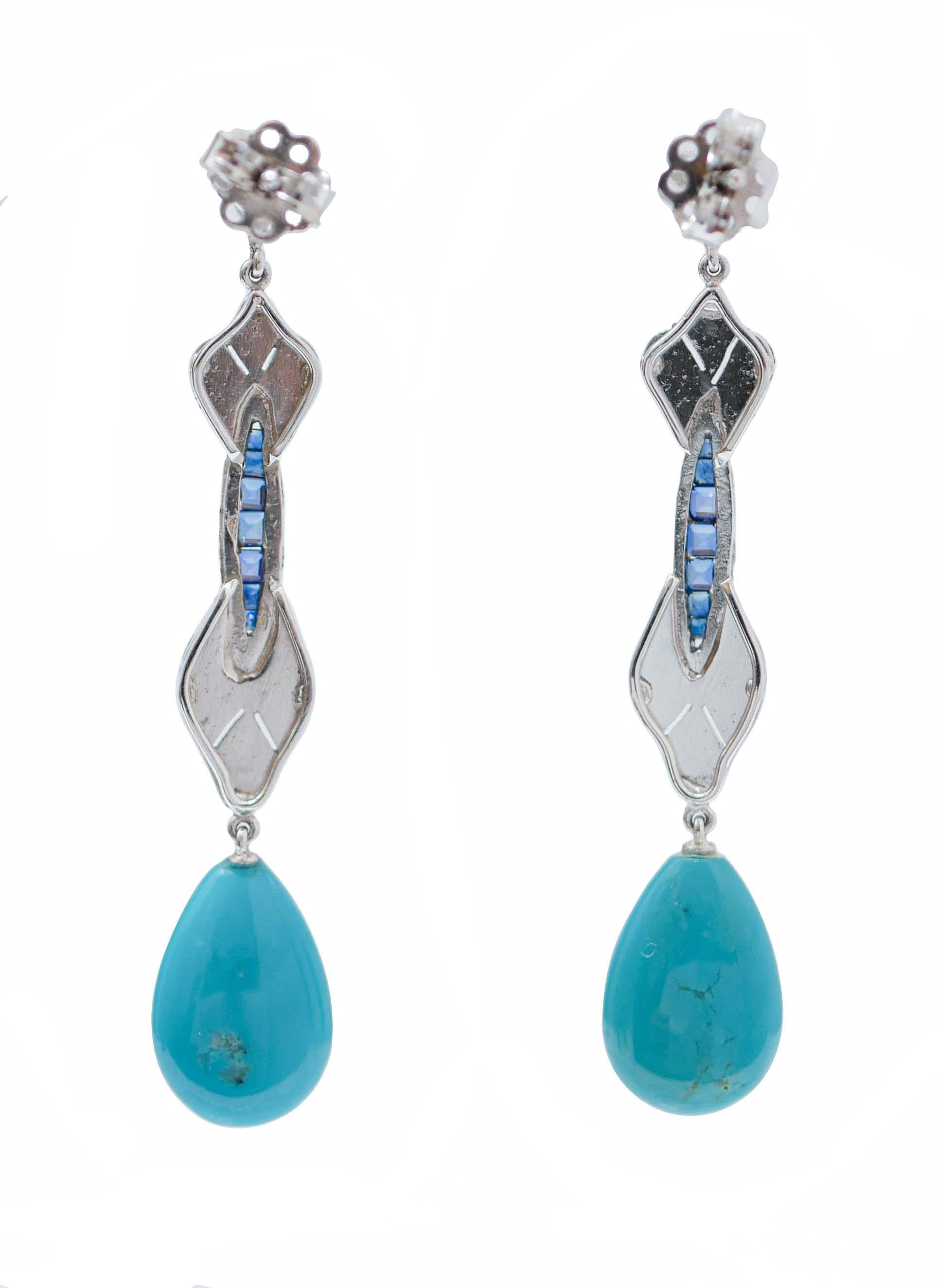 Rétro Turquoise, saphirs, diamants, platine Boucles d'oreilles pendantes. en vente