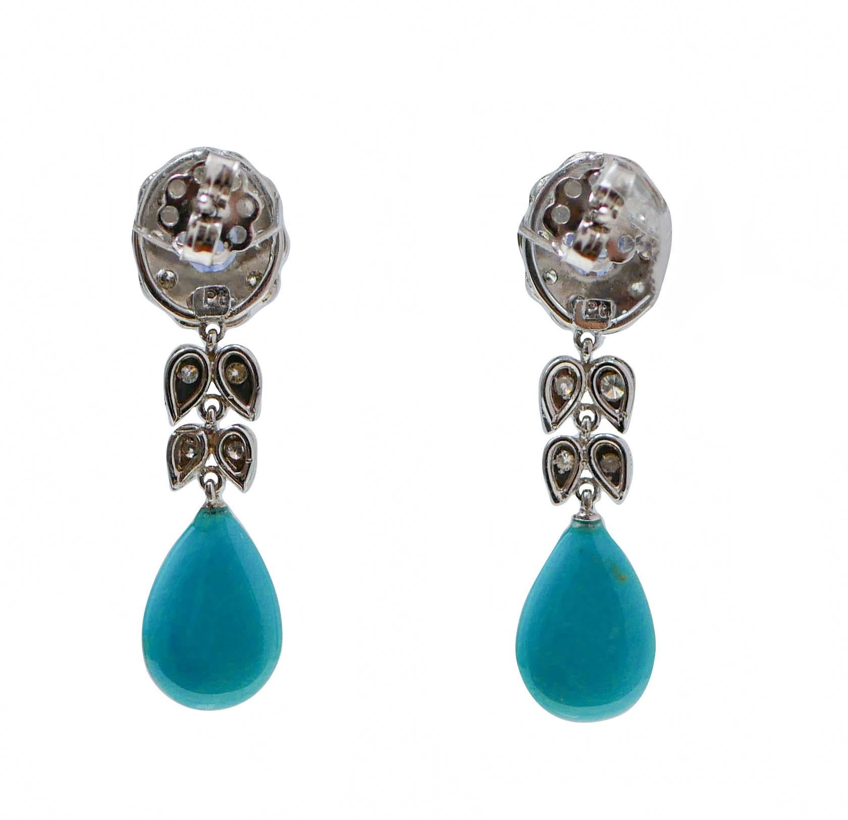 Rétro Turquoise, saphirs, diamants, platine Boucles d'oreilles pendantes. en vente