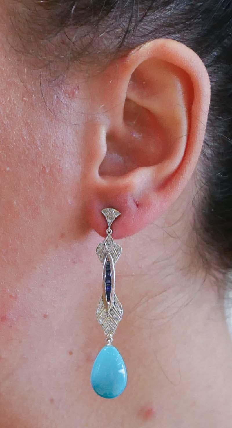 Turquoise, saphirs, diamants, platine Boucles d'oreilles pendantes. Bon état - En vente à Marcianise, Marcianise (CE)