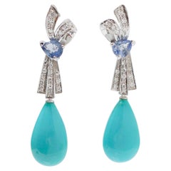 Turquoise, Sapphires, Diamonds, Platinum Earrings