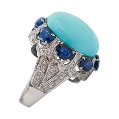 Turquoise, Sapphires, Diamonds, Platinum Ring.