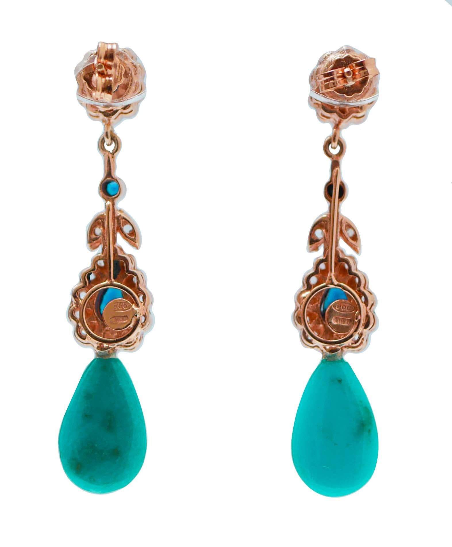 Retro Turquoise, Sapphires, Diamonds, Rose Gold and Silver Dangle Earrings.