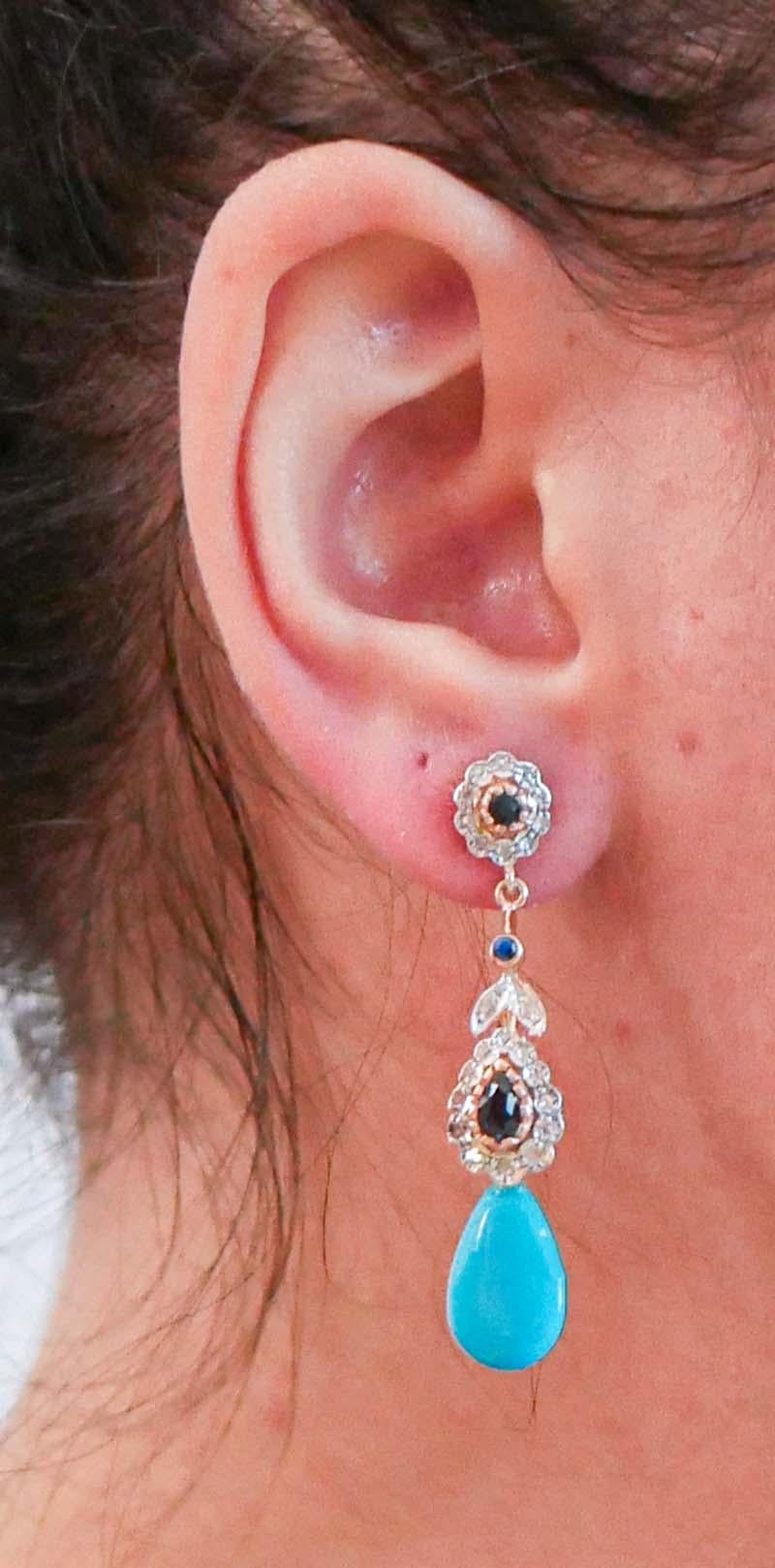Turquoise, Sapphires, Diamonds, Rose Gold and Silver Dangle Earrings. In Good Condition In Marcianise, Marcianise (CE)