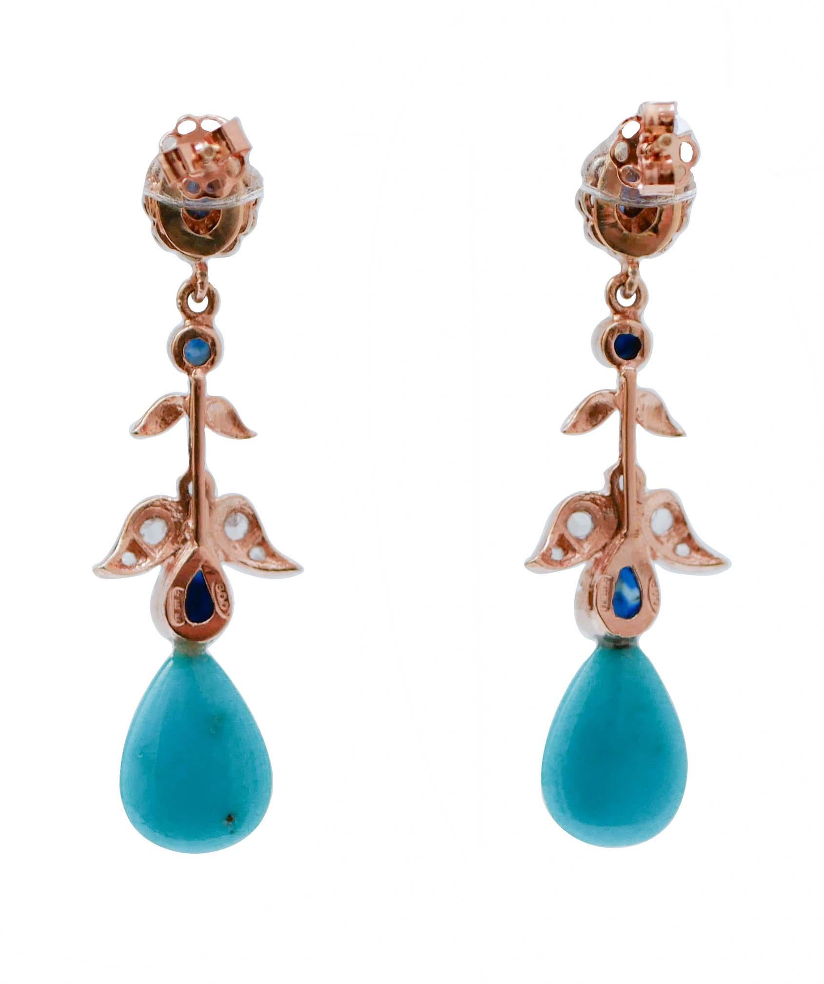 Retro Turquoise, Sapphires, Diamonds, Rose Gold and Silver Earrings. For Sale