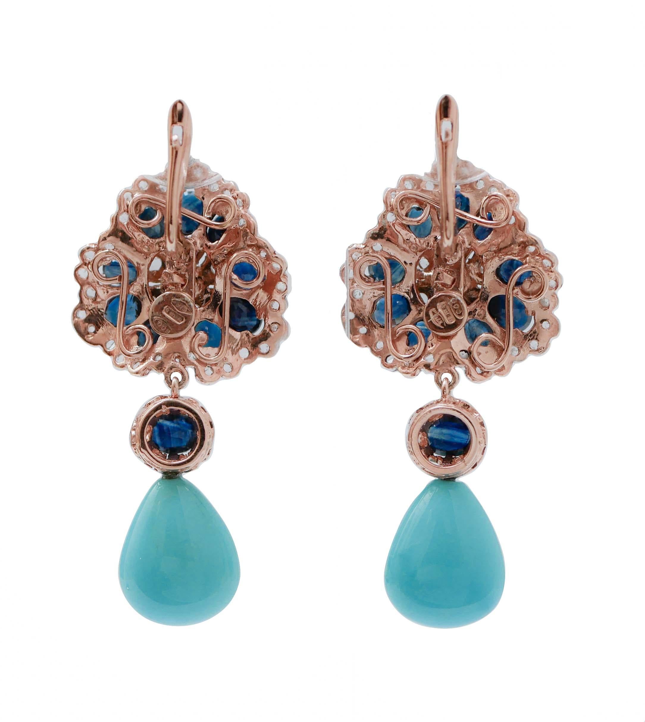 Retro Turquoise, Sapphires, Diamonds, Rose Gold and Silver Earrings. For Sale