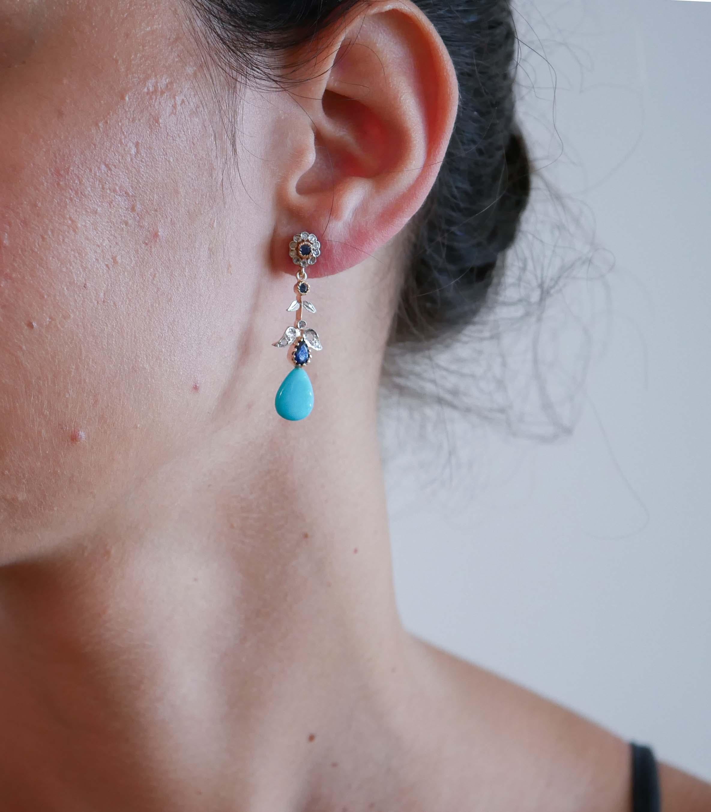 Mixed Cut Turquoise, Sapphires, Diamonds, Rose Gold and Silver Earrings. For Sale