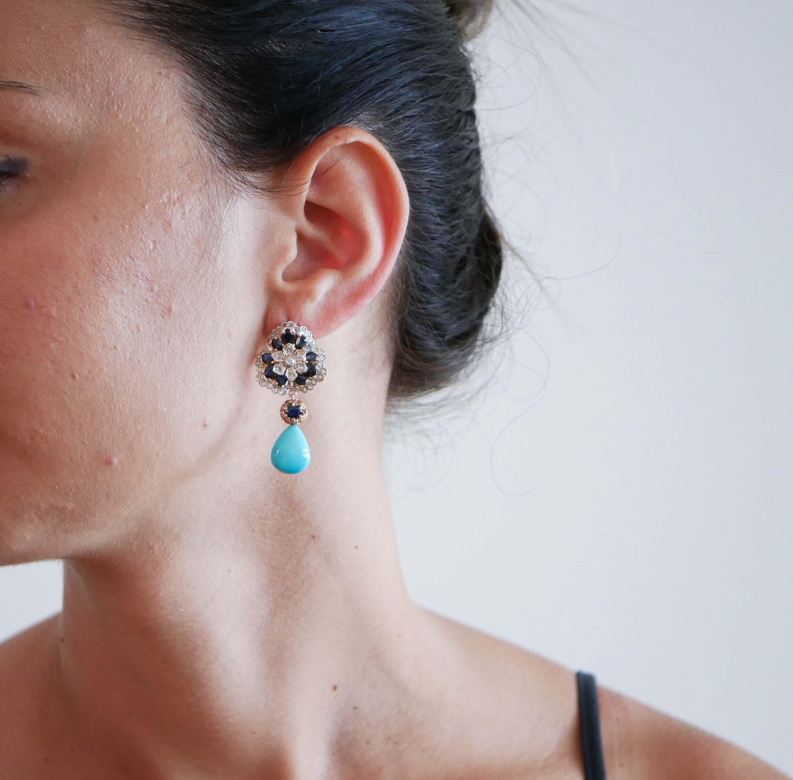 Mixed Cut Turquoise, Sapphires, Diamonds, Rose Gold and Silver Earrings. For Sale