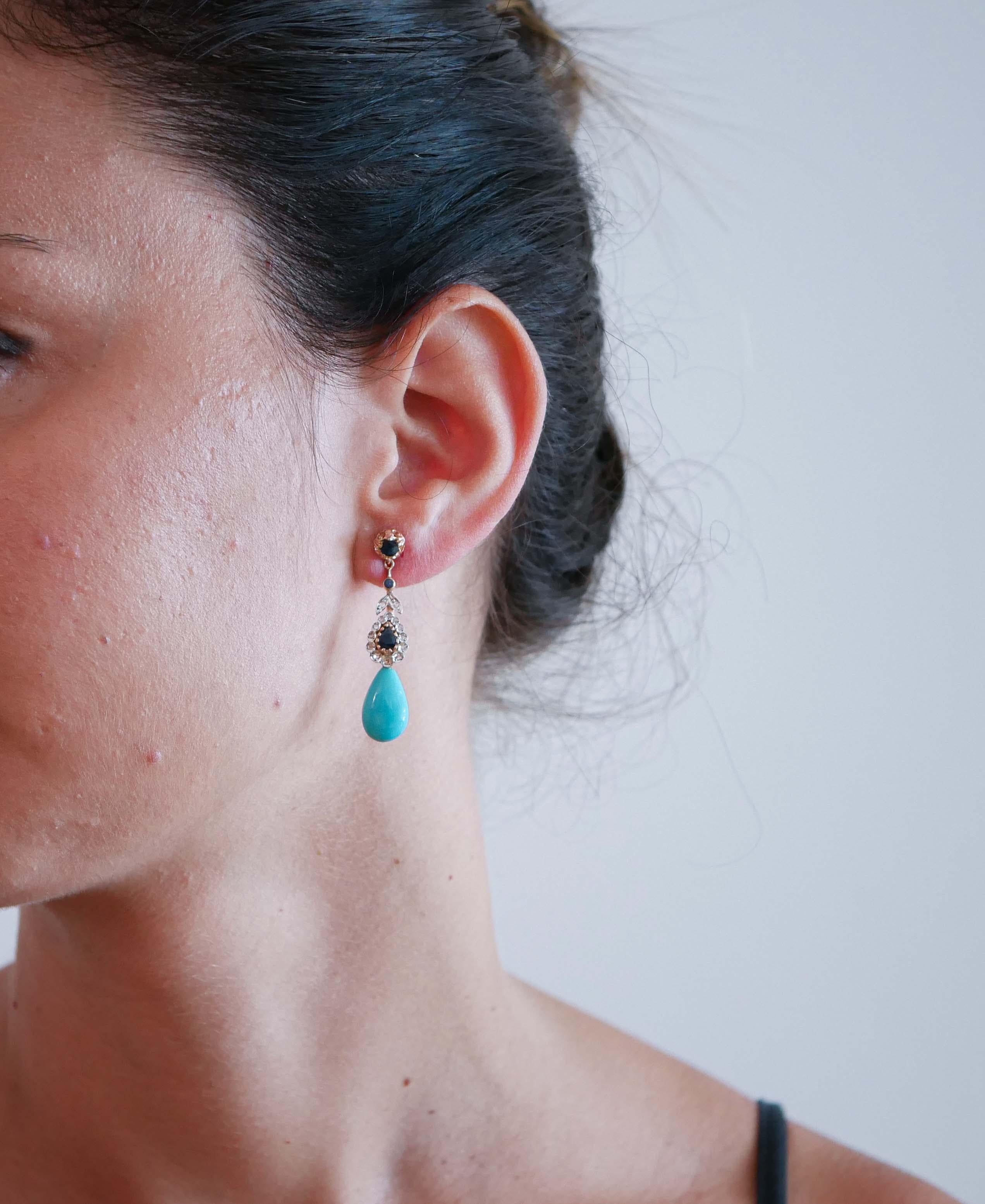 Mixed Cut Turquoise, Sapphires, Diamonds, Rose Gold and Silver Earrings. For Sale