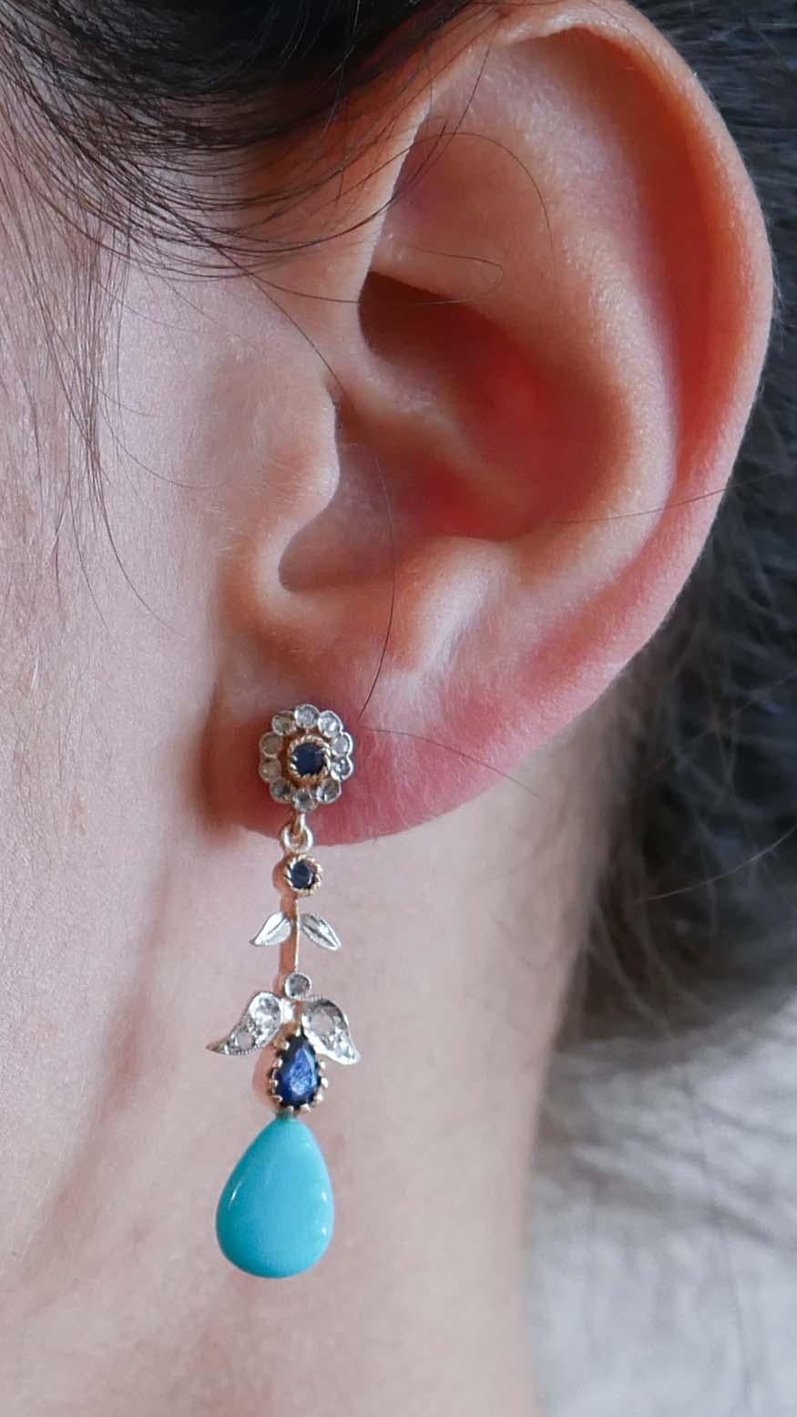 Turquoise, Sapphires, Diamonds, Rose Gold and Silver Earrings. In New Condition For Sale In Marcianise, Marcianise (CE)